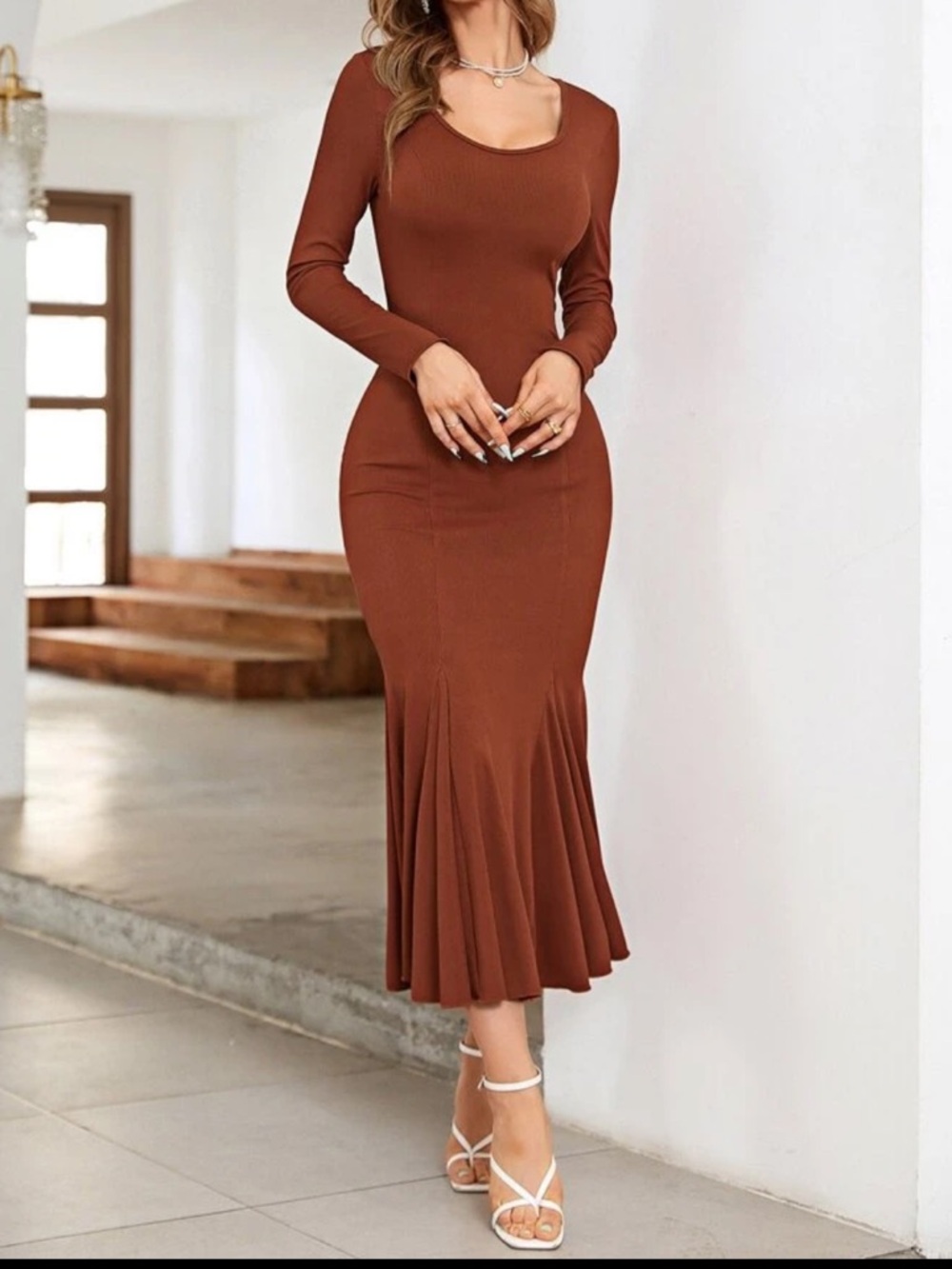 Long Sleeve Scoop Neck Brown Mermaid Midi Dress